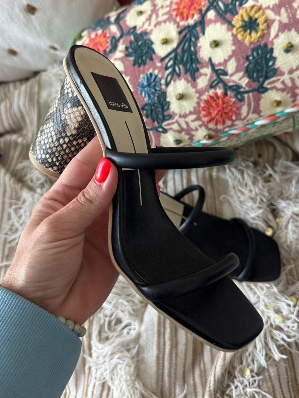 Dolce Vita Black Strappy Block Heel Sandal with Snakeskin Accent